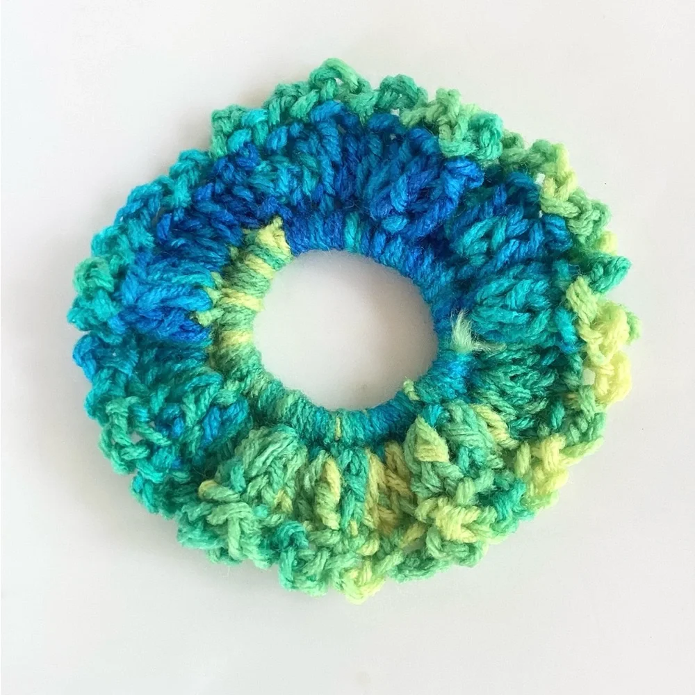 Hair Scrunchies Hand Crafted Blue Green Aquamarine Crochet Boho Messy Bun